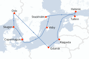 Carte itinéraire croisière - 12 jours au départ de Copenhague - Europe du Nord