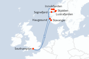 Carte itinéraire croisière - 7 jours au départ de Southampton - Europe du Nord