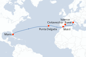 Carte itinéraire croisière - 13 jours au départ de Miami - Transatlantique