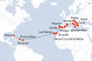 Carte itinéraire croisière  - 32 jours au départ de Venise - Caraïbes Bahamas