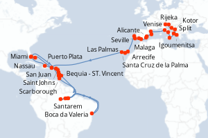 Carte itinéraire croisière - 57 jours au départ de Venise - Caraïbes Bahamas