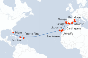 Carte itinéraire croisière  - 22 jours au départ de Barcelone - Transatlantique