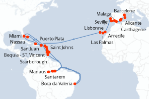 Carte itinéraire croisière - 47 jours au départ de Barcelone - Transatlantique