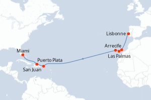 Carte itinéraire croisière - 15 jours au départ de Lisbonne - Caraïbes Bahamas