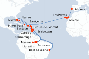 Carte itinéraire croisière - 40 jours au départ de Lisbonne - Caraïbes Bahamas