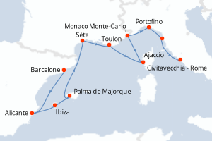 Carte itinéraire croisière - 10 jours au départ de Barcelone - Méditerranée