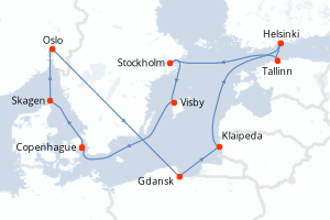 Carte itinéraire croisière - 12 jours au départ de Copenhague - Europe du Nord