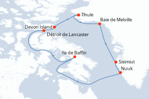 Carte itinéraire croisière Expédition dans l’Arctique canadien et au Groenland Tour de la baie de Baffin - 20 jours au départ de Reykjavik - Gröenland