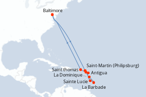 Carte itinéraire croisière - 14 jours au départ de Baltimore - Amérique du Nord