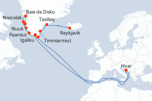 Carte itinéraire croisière - 13 jours au départ de Reykjavik - Gröenland