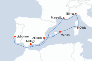 Carte itinéraire croisière  - 8 jours au départ de Lisbonne - Méditerranée
