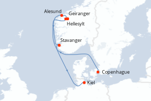 Carte itinéraire croisière - 6 jours au départ de Copenhague - Europe du Nord