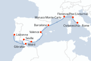 Carte itinéraire croisière - 9 jours au départ de Civitavecchia - Rome - Atlantique
