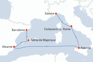 Carte itinéraire croisière - 6 jours au départ de Barcelone - Méditerranée