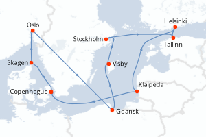 Carte itinéraire croisière - 12 jours au départ de Copenhague - Europe du Nord