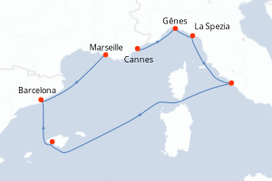 Carte itinéraire croisière Italie, Espagne, France. - 7 jours au départ de Cannes - Méditerranée