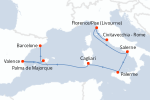 Carte itinéraire croisière  - 9 jours au départ de Civitavecchia - Rome - Méditerranée