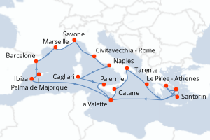 Carte itinéraire croisière - 20 jours au départ de Le Piree - Athenes - Méditerranée
