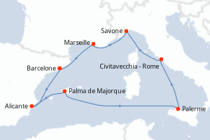Carte itinéraire croisière - 8 jours au départ de Barcelone - Méditerranée