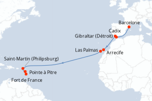 Carte itinéraire croisière - 15 jours au départ de Barcelone - Transatlantique