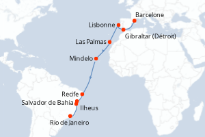 Carte itinéraire croisière - 17 jours au départ de Barcelone - Transatlantique