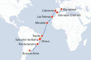 Carte itinéraire croisière - 20 jours au départ de Barcelone - Transatlantique