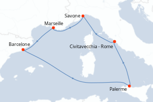 Carte itinéraire croisière - 6 jours au départ de Civitavecchia - Rome - Méditerranée