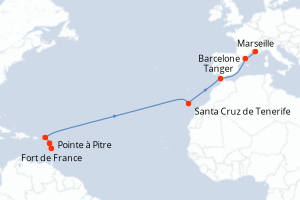 Carte itinéraire croisière - 14 jours au départ de Fort de France - Transatlantique