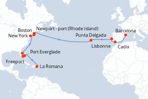 Carte itinéraire croisière - 22 jours au départ de La Romana - Transatlantique
