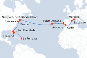 Carte itinéraire croisière - 23 jours au départ de La Romana - Transatlantique