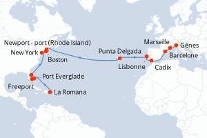 Carte itinéraire croisière - 24 jours au départ de La Romana - Transatlantique