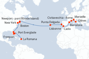 Carte itinéraire croisière - 25 jours au départ de La Romana - Transatlantique