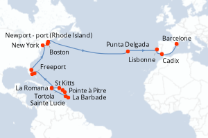 Carte itinéraire croisière - 29 jours au départ de La Romana - Transatlantique