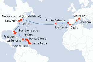 Carte itinéraire croisière - 30 jours au départ de La Romana - Transatlantique