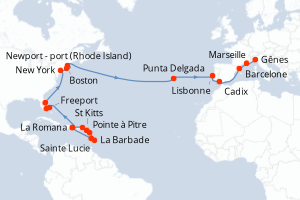 Carte itinéraire croisière - 31 jours au départ de La Romana - Transatlantique