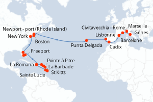 Carte itinéraire croisière - 32 jours au départ de La Romana - Transatlantique