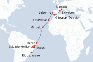 Carte itinéraire croisière - 18 jours au départ de Marseille - Transatlantique