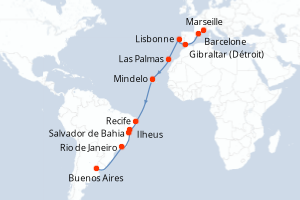 Carte itinéraire croisière - 21 jours au départ de Marseille - Transatlantique