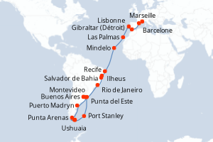 Carte itinéraire croisière - 35 jours au départ de Marseille - Transatlantique