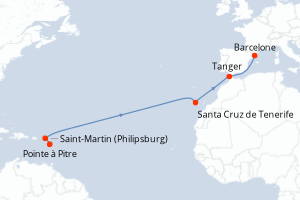 Carte itinéraire croisière - 12 jours au départ de Pointe a Pitre - Transatlantique