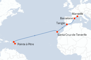 Carte itinéraire croisière - 13 jours au départ de Pointe a Pitre - Transatlantique