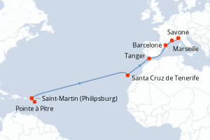 Carte itinéraire croisière - 14 jours au départ de Pointe a Pitre - Transatlantique