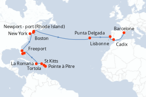 Carte itinéraire croisière - 25 jours au départ de Pointe a Pitre - Transatlantique
