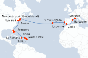Carte itinéraire croisière - 26 jours au départ de Pointe a Pitre - Transatlantique