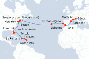 Carte itinéraire croisière - 27 jours au départ de Pointe a Pitre - Transatlantique