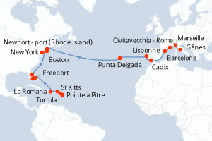 Carte itinéraire croisière - 28 jours au départ de Pointe a Pitre - Transatlantique