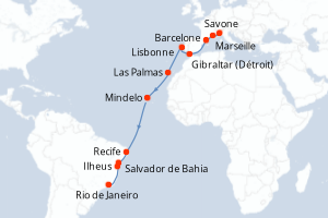 Carte itinéraire croisière - 19 jours au départ de Savone - Transatlantique