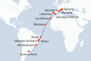 Carte itinéraire croisière - 22 jours au départ de Savone - Transatlantique