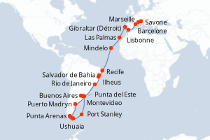 Carte itinéraire croisière - 36 jours au départ de Savone - Transatlantique