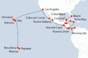 Carte itinéraire croisière  - 42 jours au départ de Miami - Tahiti
